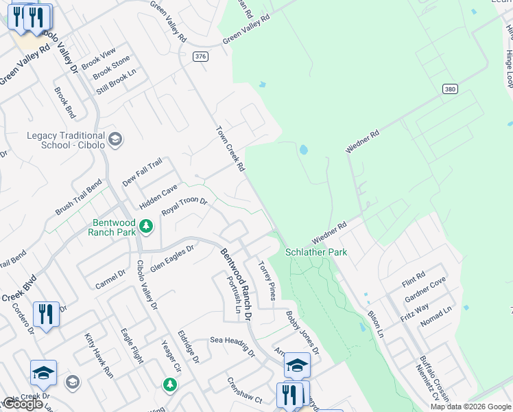 map of restaurants, bars, coffee shops, grocery stores, and more near 104 Spyglass Cove in Cibolo