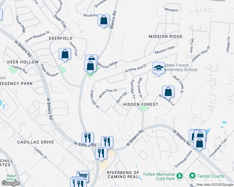 map of restaurants, bars, coffee shops, grocery stores, and more near 1113 White Pine Street in San Antonio