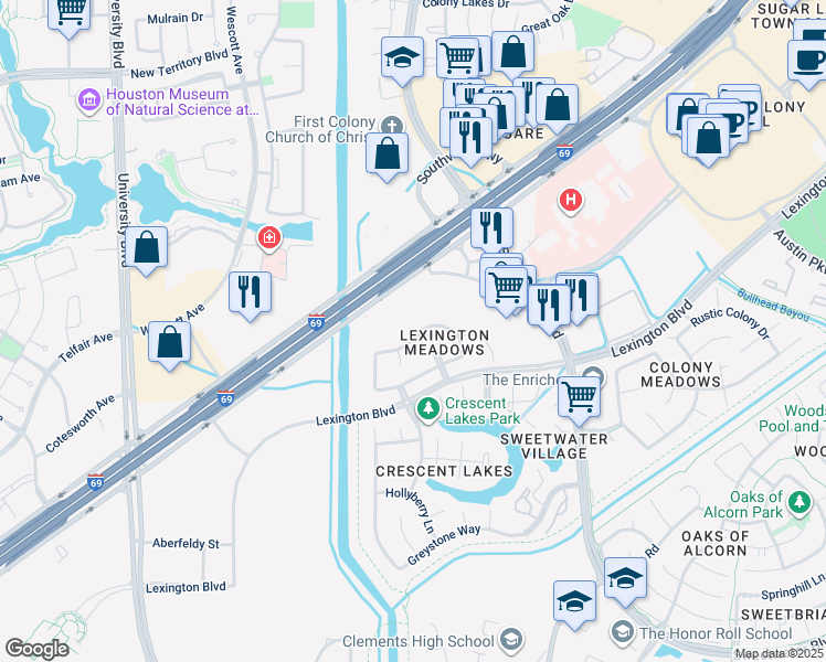 map of restaurants, bars, coffee shops, grocery stores, and more near 17410 Lantana Drive in Sugar Land