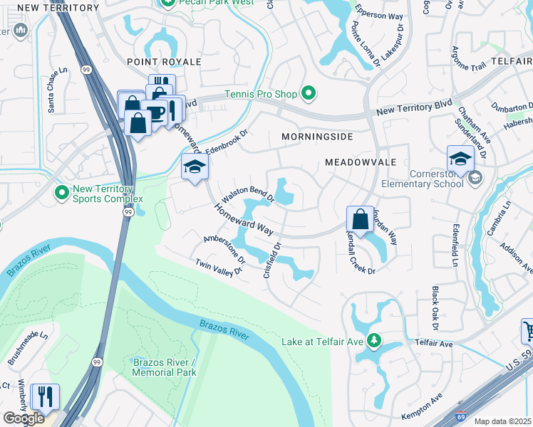 map of restaurants, bars, coffee shops, grocery stores, and more near 6311 Coley Park in Sugar Land