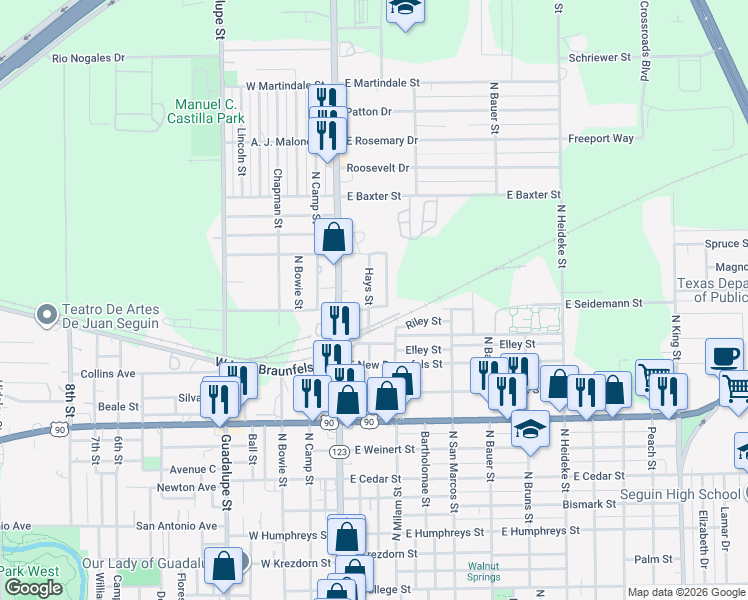map of restaurants, bars, coffee shops, grocery stores, and more near 1629 Hays Street in Seguin