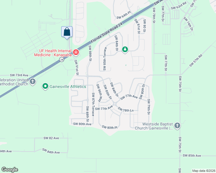 map of restaurants, bars, coffee shops, grocery stores, and more near 7349-7389 Southwest 85th Drive in Gainesville