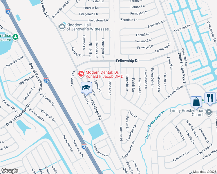 map of restaurants, bars, coffee shops, grocery stores, and more near 45 Felshire Lane in Palm Coast