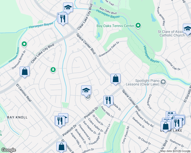 map of restaurants, bars, coffee shops, grocery stores, and more near 14507 Fair Knoll Way in Houston