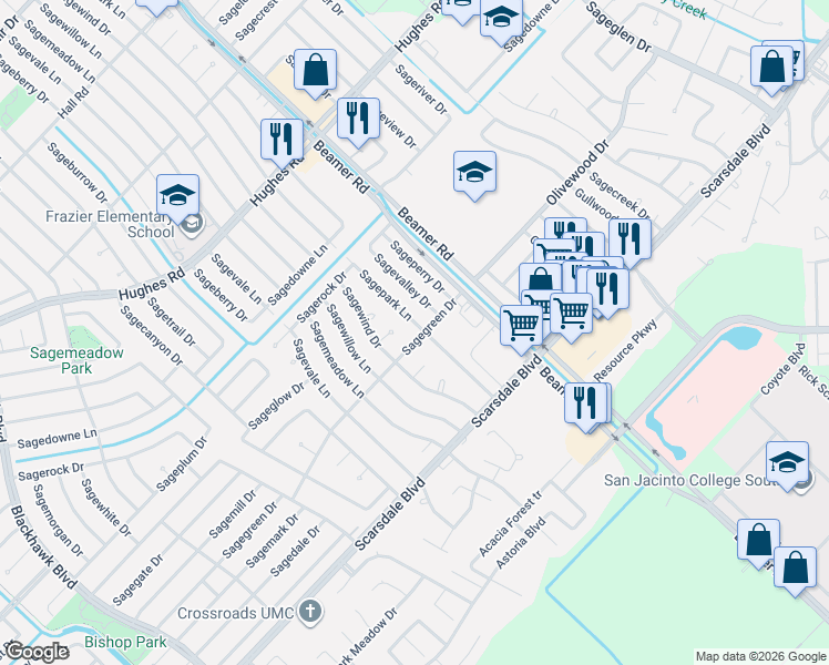 map of restaurants, bars, coffee shops, grocery stores, and more near 11523 Sagepark Lane in Houston