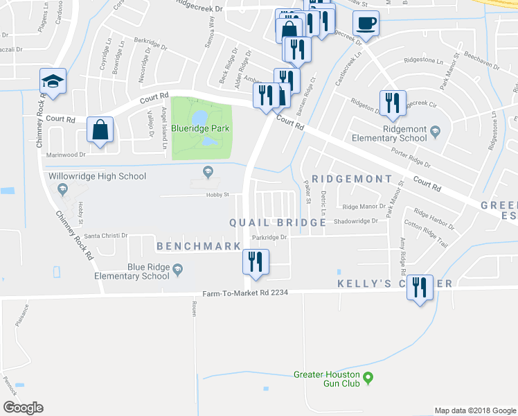 map of restaurants, bars, coffee shops, grocery stores, and more near 16421 Monte Carlo Lane in Houston