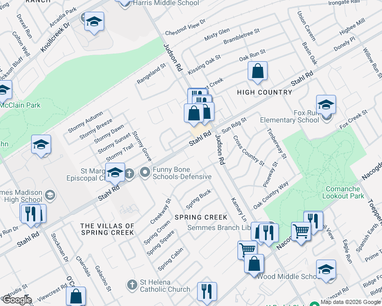 map of restaurants, bars, coffee shops, grocery stores, and more near 5330 Stahl Road in San Antonio
