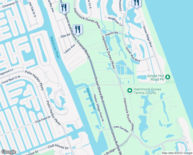 map of restaurants, bars, coffee shops, grocery stores, and more near Flagler Beach to Marineland Trail in Palm Coast