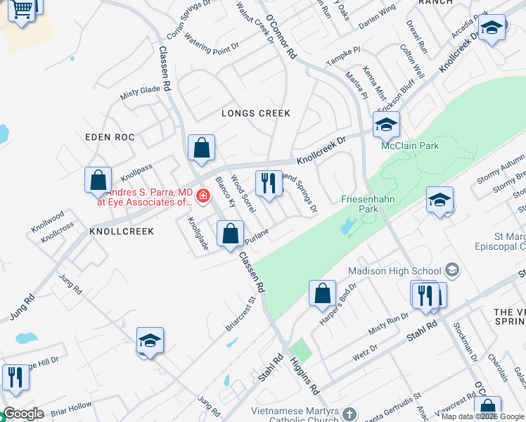 map of restaurants, bars, coffee shops, grocery stores, and more near 15510 Cross Vine in San Antonio