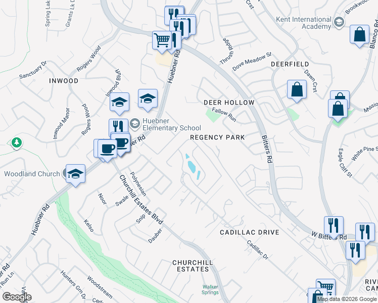 map of restaurants, bars, coffee shops, grocery stores, and more near 54 Three Lakes Drive in San Antonio
