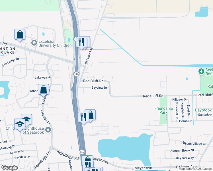 map of restaurants, bars, coffee shops, grocery stores, and more near 1900 Red Bluff Road in Seabrook