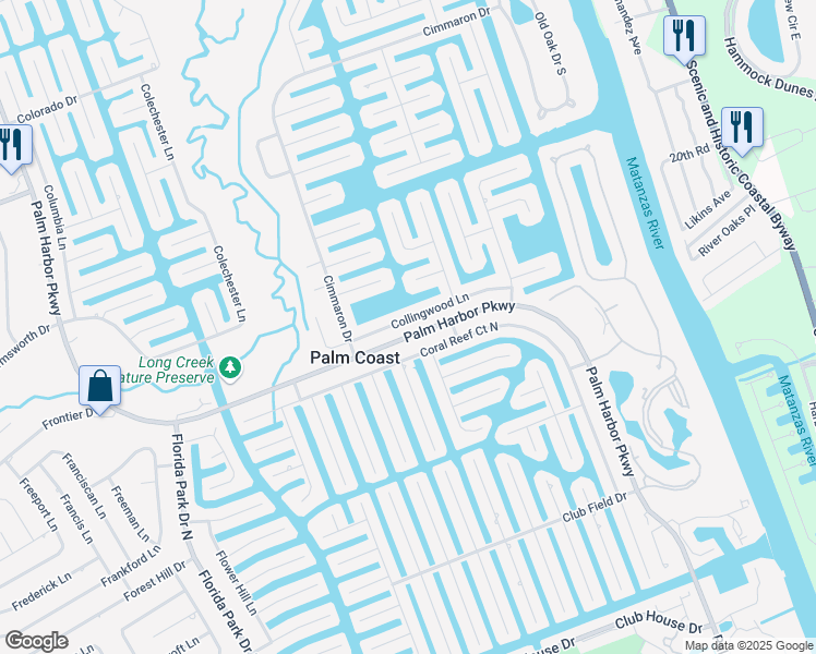 map of restaurants, bars, coffee shops, grocery stores, and more near 29 Collingwood Lane in Palm Coast