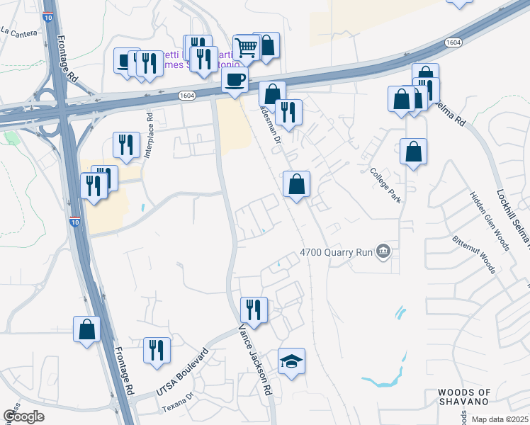 map of restaurants, bars, coffee shops, grocery stores, and more near 15140 Tradesman in San Antonio