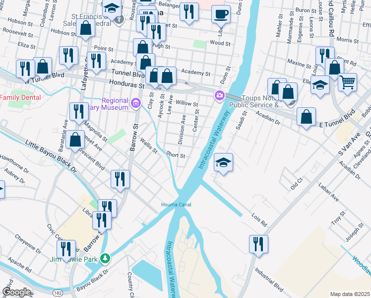 map of restaurants, bars, coffee shops, grocery stores, and more near 1206 Miles Street in Houma