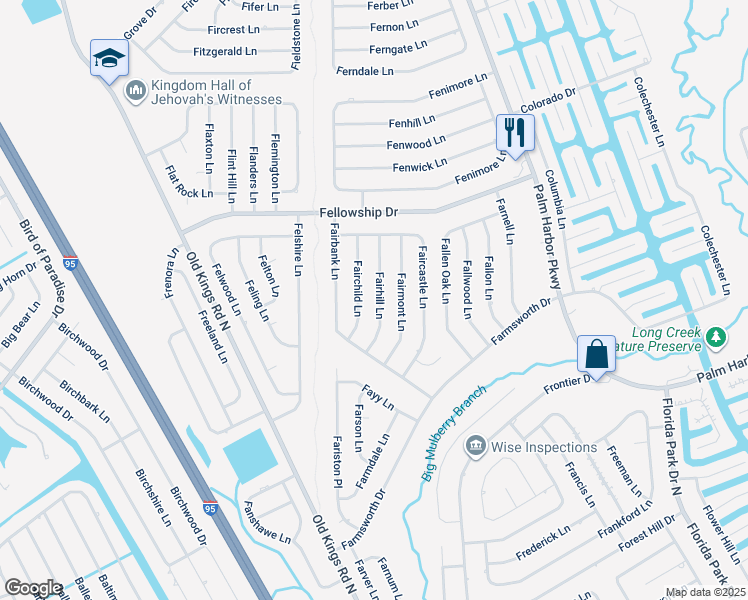 map of restaurants, bars, coffee shops, grocery stores, and more near 22 Fairhill Lane in Palm Coast