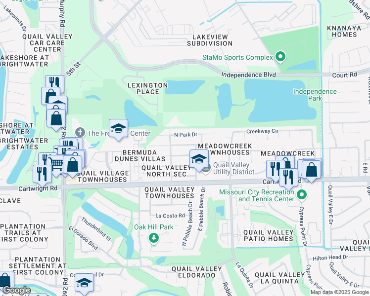 map of restaurants, bars, coffee shops, grocery stores, and more near 3215 Meadowcreek Drive in Missouri City