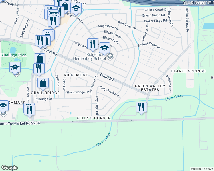 map of restaurants, bars, coffee shops, grocery stores, and more near 4850 Prairie Ridge Road in Houston