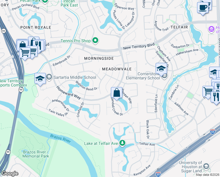 map of restaurants, bars, coffee shops, grocery stores, and more near 1714 Monvale Lane in Sugar Land
