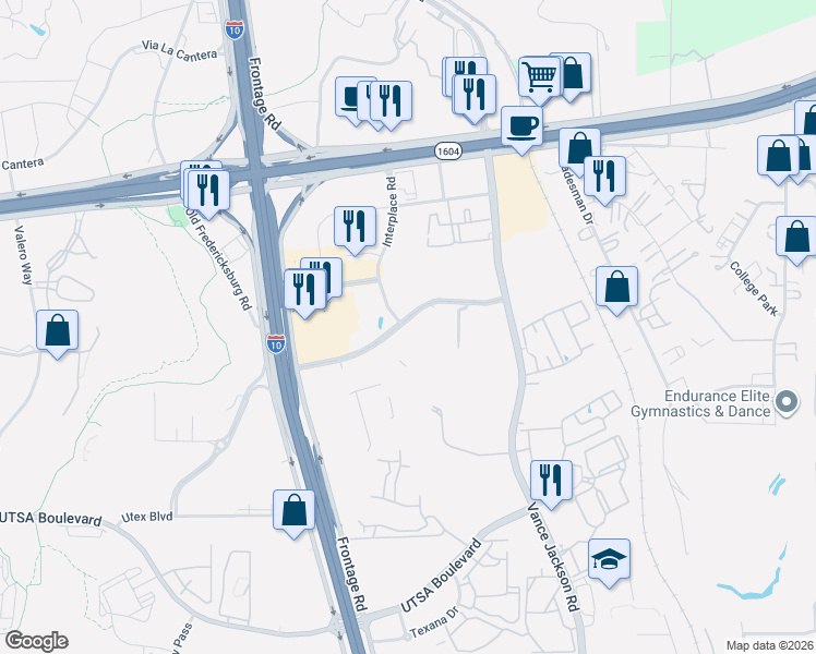 map of restaurants, bars, coffee shops, grocery stores, and more near 5510 Presidio Parkway in San Antonio