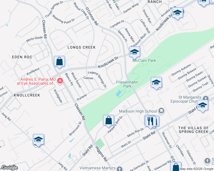 map of restaurants, bars, coffee shops, grocery stores, and more near 15430 Legend Springs Drive in San Antonio