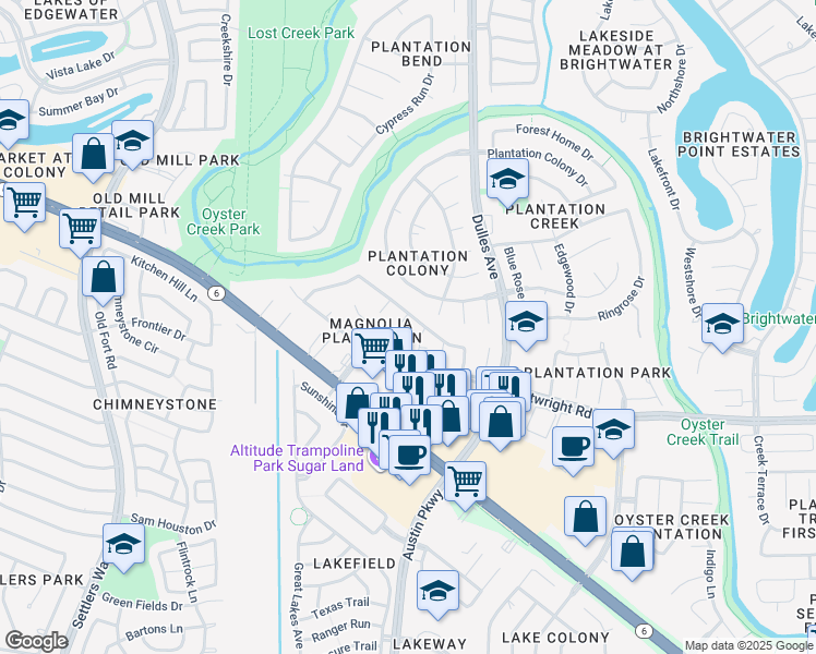 map of restaurants, bars, coffee shops, grocery stores, and more near 2703 Scarlet Sunset Court in Sugar Land