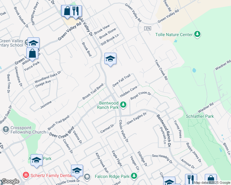 map of restaurants, bars, coffee shops, grocery stores, and more near 120 Falling Sun in Cibolo