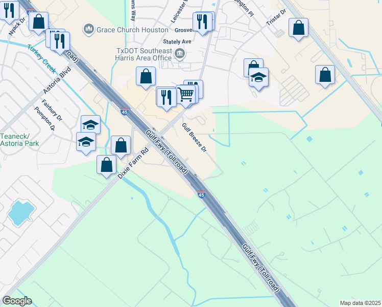 map of restaurants, bars, coffee shops, grocery stores, and more near 15603 Gulf Freeway in Webster