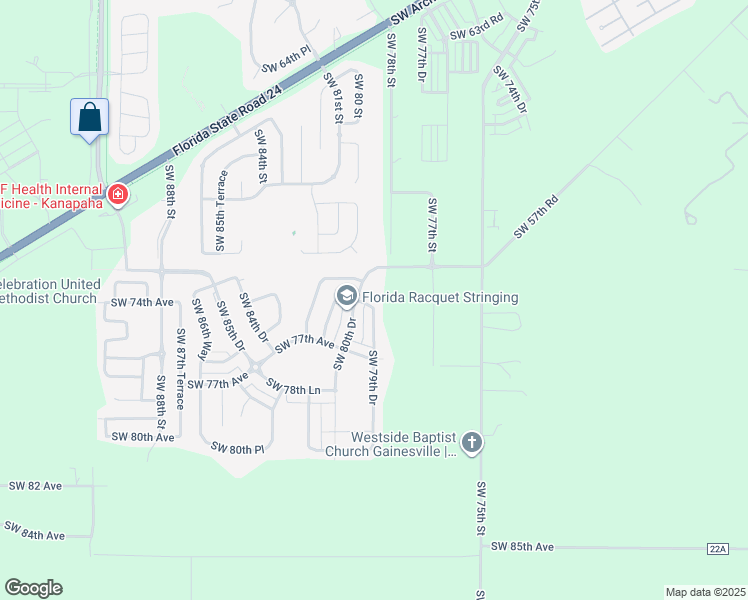 map of restaurants, bars, coffee shops, grocery stores, and more near 7986 Southwest 74th Lane in Gainesville