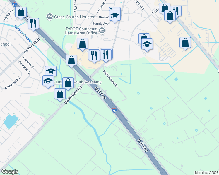 map of restaurants, bars, coffee shops, grocery stores, and more near 15603 Gulf Freeway in Webster