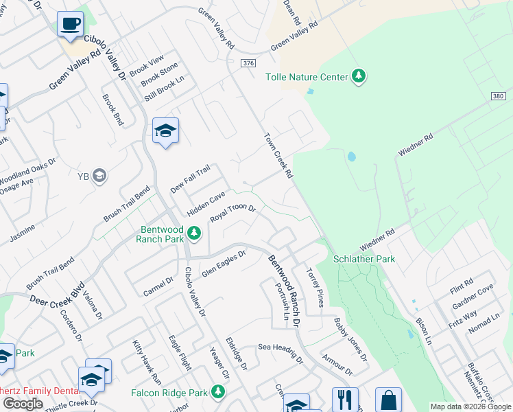 map of restaurants, bars, coffee shops, grocery stores, and more near 266 Royal Troon Drive in Cibolo
