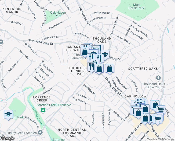map of restaurants, bars, coffee shops, grocery stores, and more near 15439 Kid Run in San Antonio