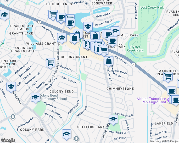 map of restaurants, bars, coffee shops, grocery stores, and more near 2975 Jenny Drive in Sugar Land