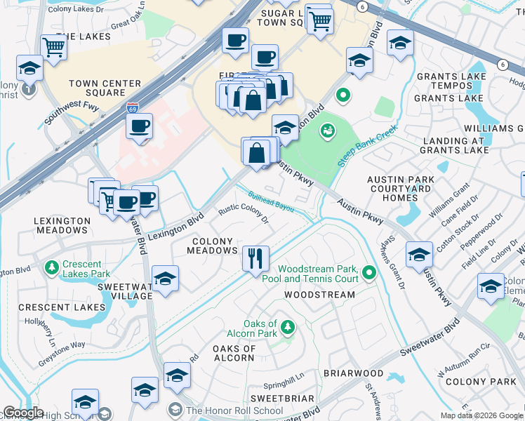 map of restaurants, bars, coffee shops, grocery stores, and more near 16702 Rustic Colony Drive in Sugar Land