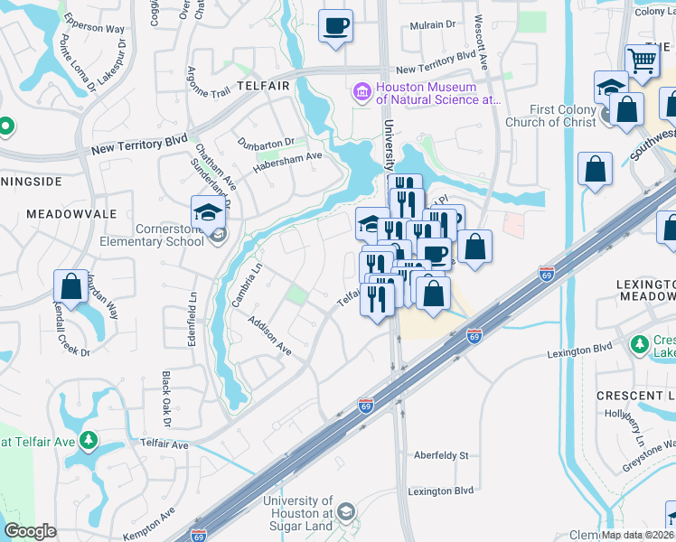 map of restaurants, bars, coffee shops, grocery stores, and more near 1730 Harmony Avenue in Sugar Land