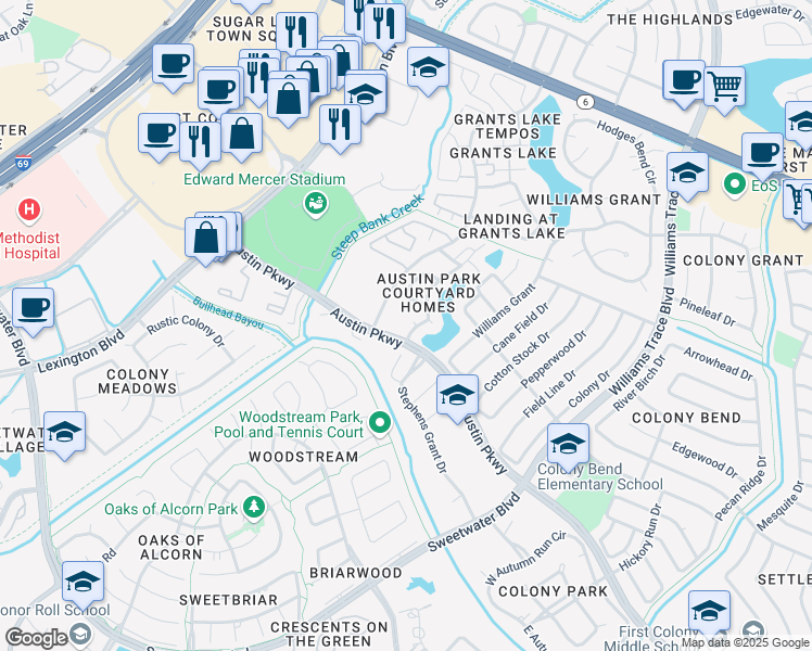 map of restaurants, bars, coffee shops, grocery stores, and more near 3134 Old Masters Drive in Sugar Land