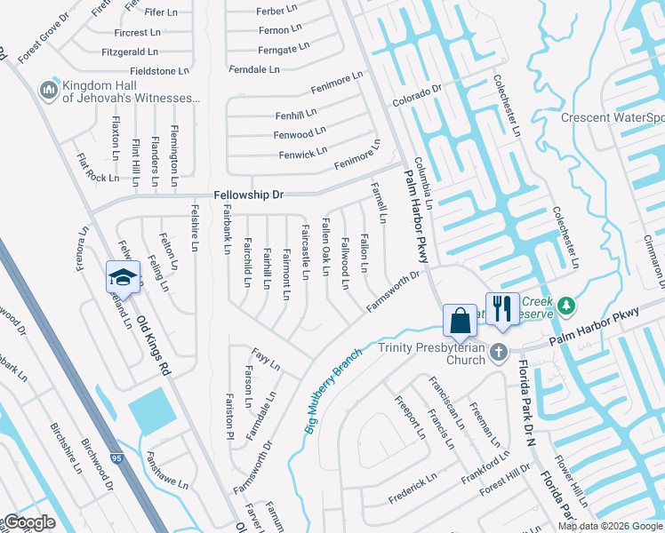 map of restaurants, bars, coffee shops, grocery stores, and more near 18 Fallwood Lane in Palm Coast