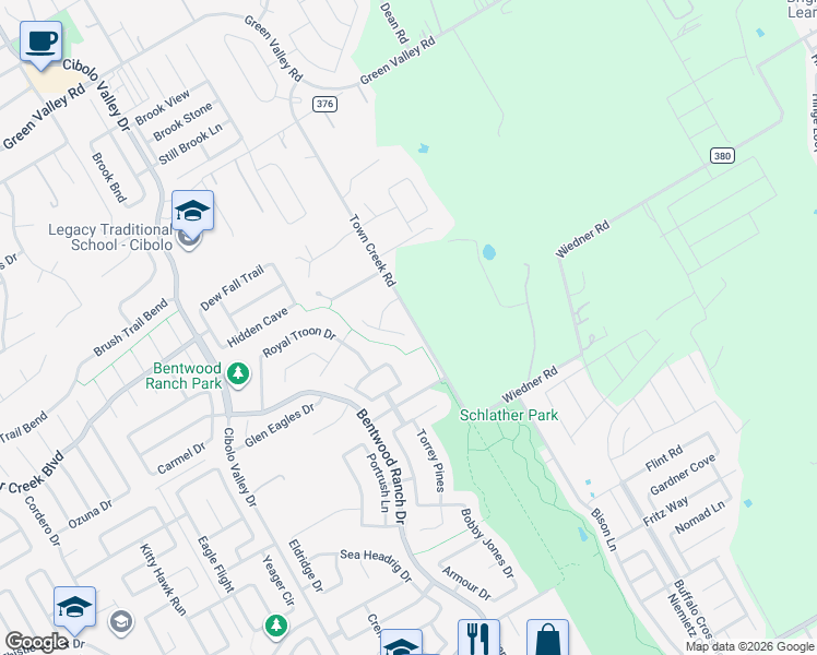 map of restaurants, bars, coffee shops, grocery stores, and more near 104 Spyglass Cove in Cibolo