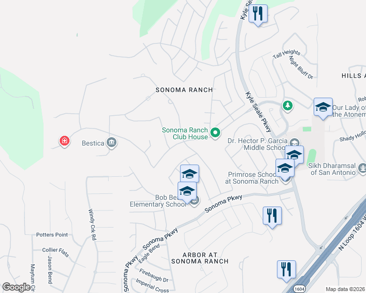 map of restaurants, bars, coffee shops, grocery stores, and more near 202 Ruidosa Downs in Helotes