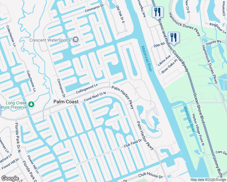 map of restaurants, bars, coffee shops, grocery stores, and more near 102 Coral Reef Court North in Palm Coast