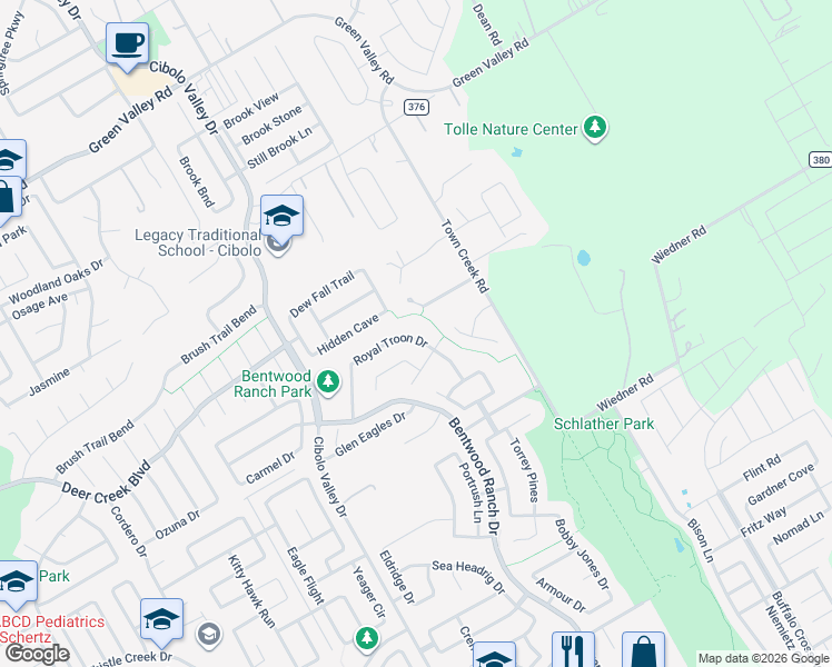 map of restaurants, bars, coffee shops, grocery stores, and more near 258 Royal Troon Drive in Cibolo