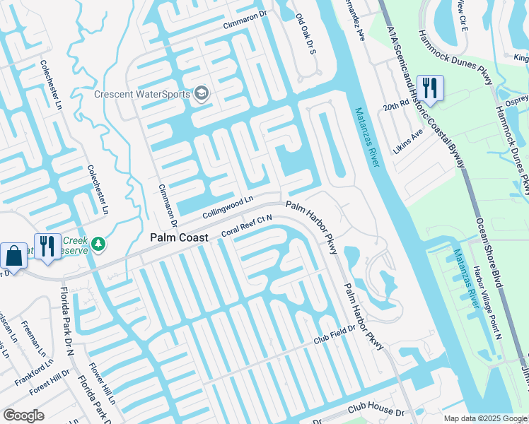 map of restaurants, bars, coffee shops, grocery stores, and more near 114 Coral Reef Court North in Palm Coast