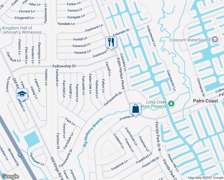 map of restaurants, bars, coffee shops, grocery stores, and more near 30 Farnell Lane in Palm Coast