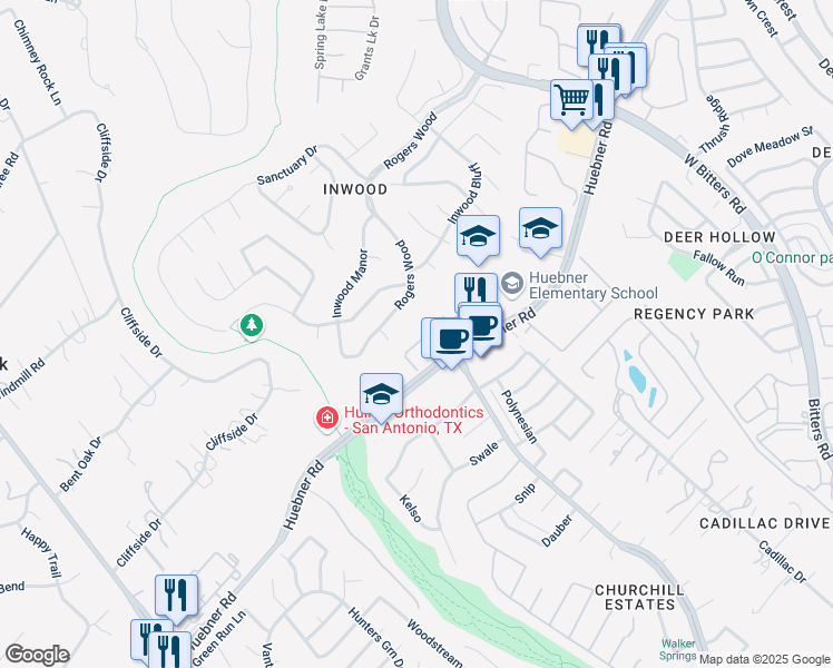 map of restaurants, bars, coffee shops, grocery stores, and more near 121 Osiana Drive in San Antonio