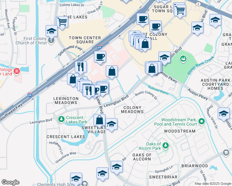 map of restaurants, bars, coffee shops, grocery stores, and more near 16900 Lexington Boulevard in Sugar Land