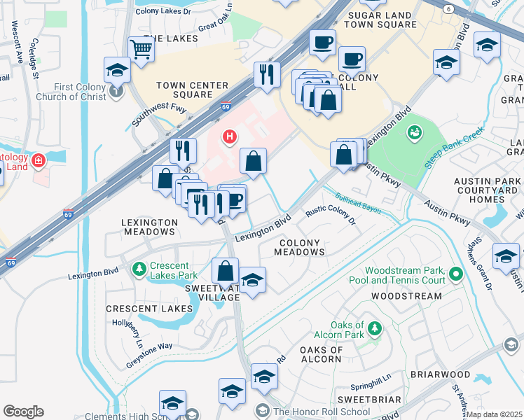 map of restaurants, bars, coffee shops, grocery stores, and more near 16900 Lexington Boulevard in Sugar Land
