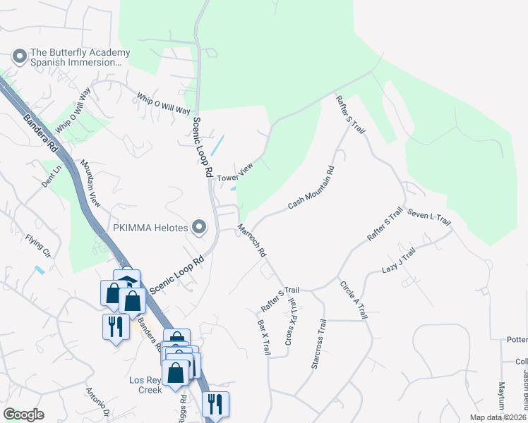 map of restaurants, bars, coffee shops, grocery stores, and more near 9889 Cash Mountain Road in Helotes