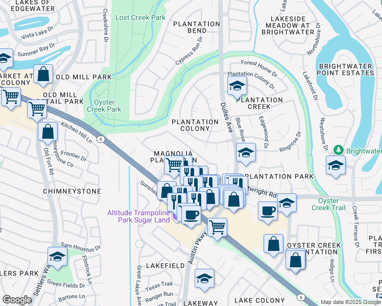 map of restaurants, bars, coffee shops, grocery stores, and more near 2703 Scarlet Sunset Court in Sugar Land