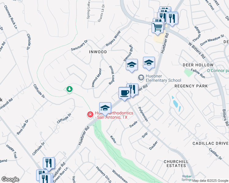 map of restaurants, bars, coffee shops, grocery stores, and more near 121 Osiana Drive in San Antonio