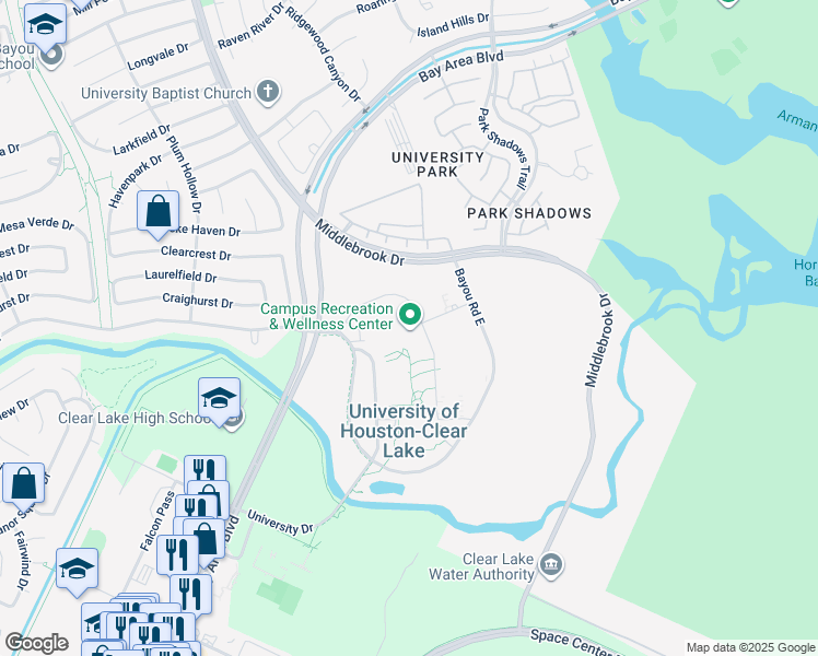 map of restaurants, bars, coffee shops, grocery stores, and more near 2700 Bay Area Boulevard in Houston
