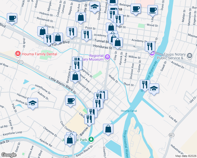 map of restaurants, bars, coffee shops, grocery stores, and more near 601-699 Zeringer Street in Houma
